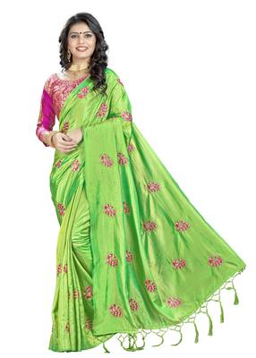 Parrot Green Embroidered Art Silk Saree With Blouse 1