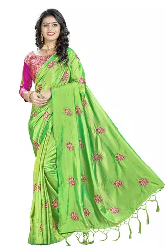 Parrot Green Embroidered Art Silk Saree With Blouse