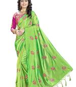 Parrot Green Embroidered Art Silk Saree With Blouse