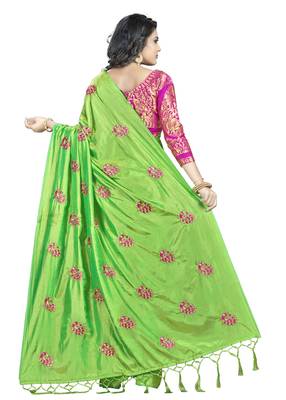 Parrot Green Embroidered Art Silk Saree With Blouse 2