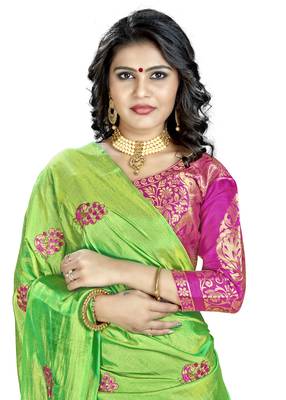 Parrot Green Embroidered Art Silk Saree With Blouse 3