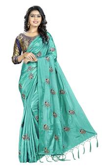 Turquoise embroidered art silk saree with blouse