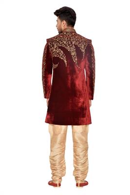 Maroon  Velvet Wedding Sherwani 2