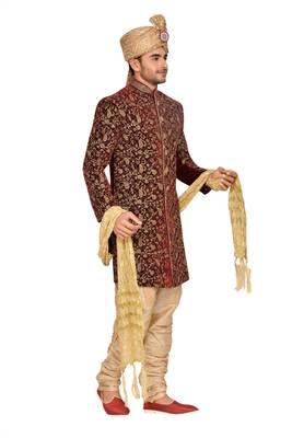 Maroon  Velvet Wedding Sherwani 3