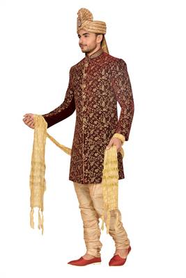 Maroon  Velvet Wedding Sherwani 4