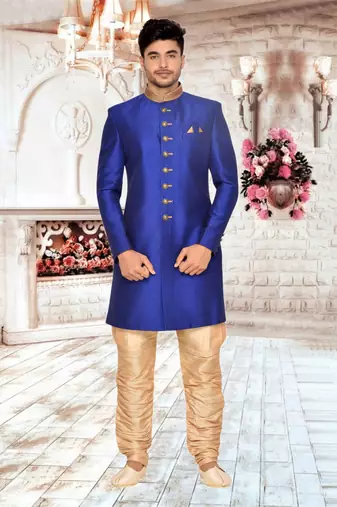 Royal Blue Art Silk Wedding Sherwani Indo Western