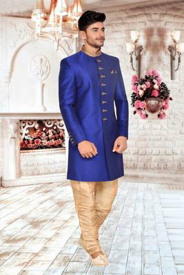 Royal Blue Art Silk Wedding Sherwani Indo Western 3