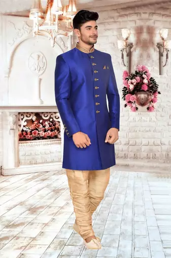Royal Blue Art Silk Wedding Sherwani Indo Western