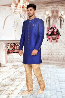 Royal Blue Art Silk Wedding Sherwani Indo Western 1