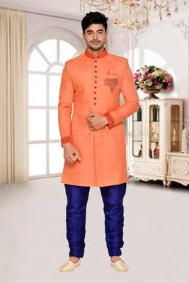 Orange  Art Silk Wedding Sherwani 1