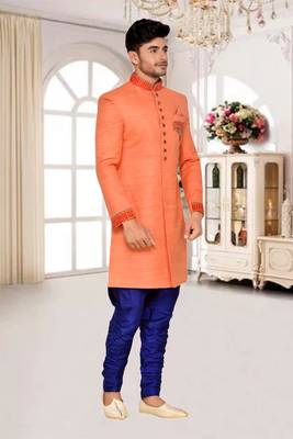 Orange  Art Silk Wedding Sherwani 2