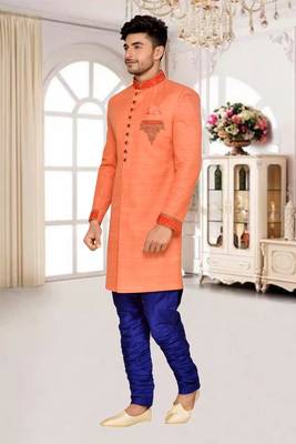 Orange  Art Silk Wedding Sherwani 3