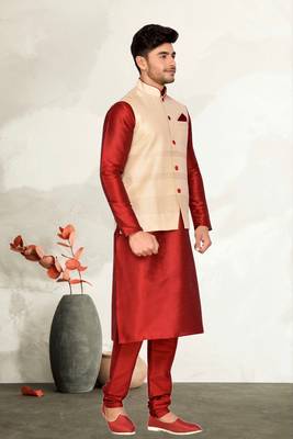 Cream Jacket Jharna Silk Kurta Pajama 3