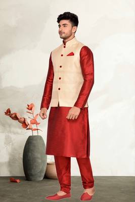 Cream Jacket Jharna Silk Kurta Pajama 1