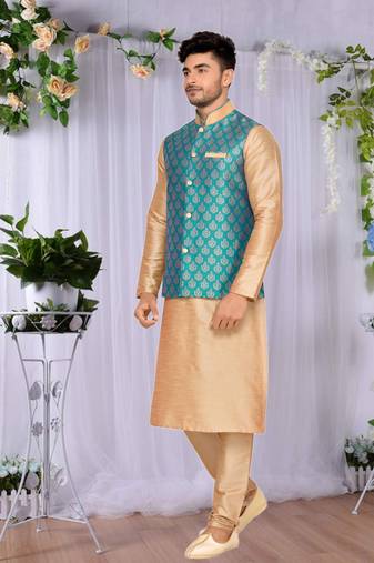 Pista Jacket Art Silk Kurta Pajama