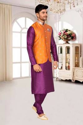 Mustard Jacket Brocket Kurta Pajama 3