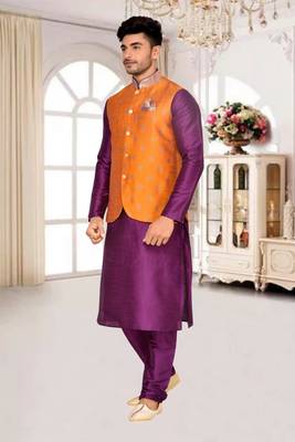 Mustard Jacket Brocket Kurta Pajama 1