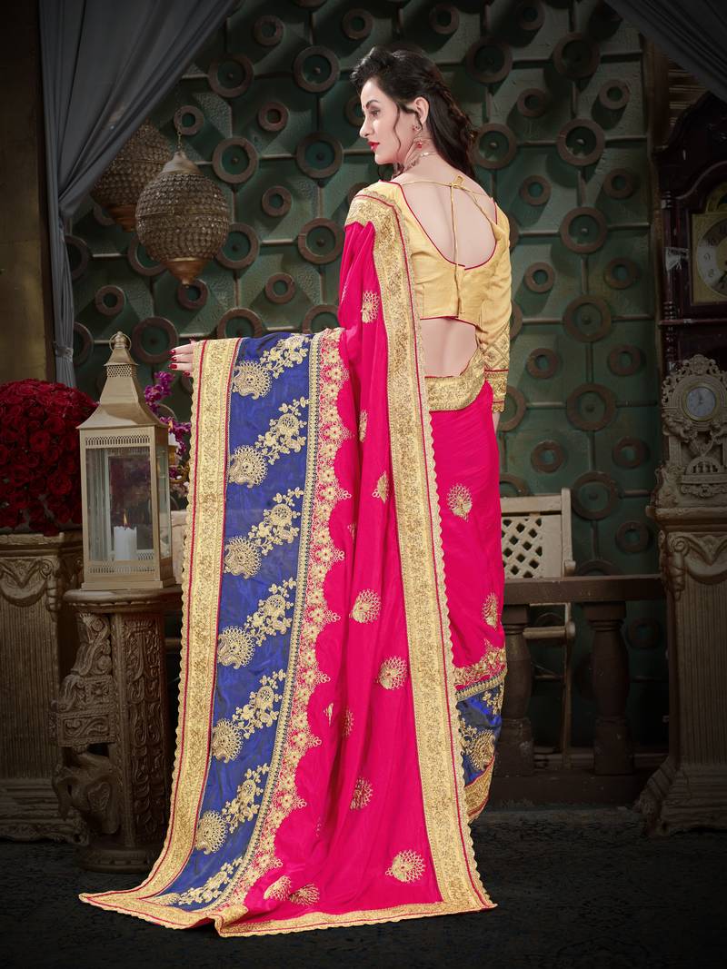 Pink embroidered art silk saree with blouse