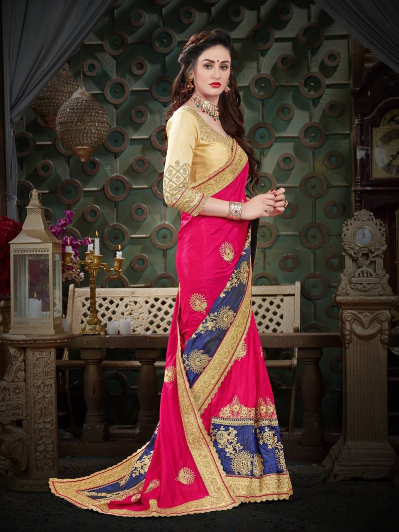 Pink embroidered art silk saree with blouse