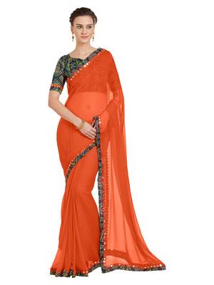 Orange Embroidered Faux Chiffon Sarees With Blouse 1