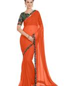 Orange Embroidered Faux Chiffon Sarees With Blouse