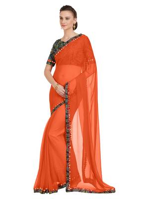 Orange Embroidered Faux Chiffon Sarees With Blouse 2