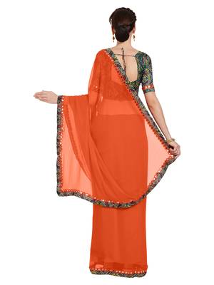 Orange Embroidered Faux Chiffon Sarees With Blouse 3