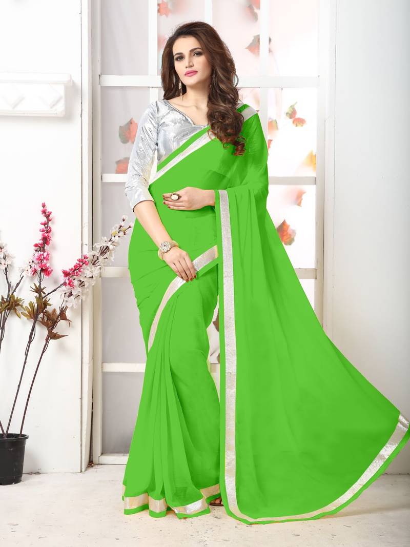 Parrot green plain georgette saree with blouse