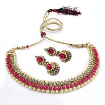 Dark Pink color pearl gota necklace set 1