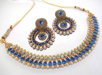 Golden Blue Diamond pearl polki necklace set 1