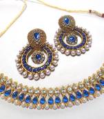 Golden Blue Diamond pearl polki necklace set