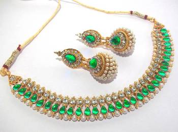 Golden green Diamond pearl Gota necklace set 1