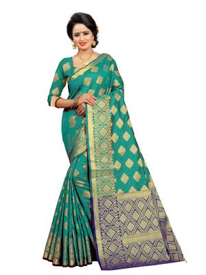 Green woven jacquard saree with blouse 1