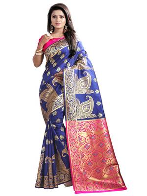 Blue woven art silk saree with blouse 1