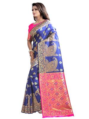 Blue woven art silk saree with blouse 3