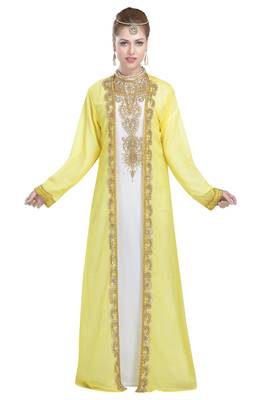 White and yellow georgette islamic kaftan with zari and stone work 1