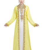 White and yellow georgette islamic kaftan with zari and stone work