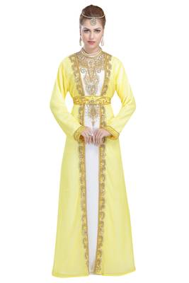 White and yellow georgette islamic kaftan with zari and stone work 2