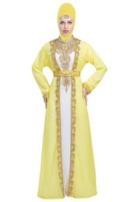 White and yellow georgette islamic kaftan with zari and stone work 3