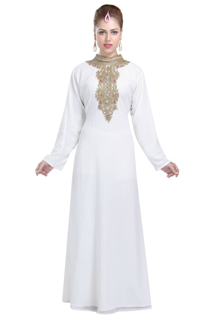 white and red georgette islamic kaftan with zari and stone work