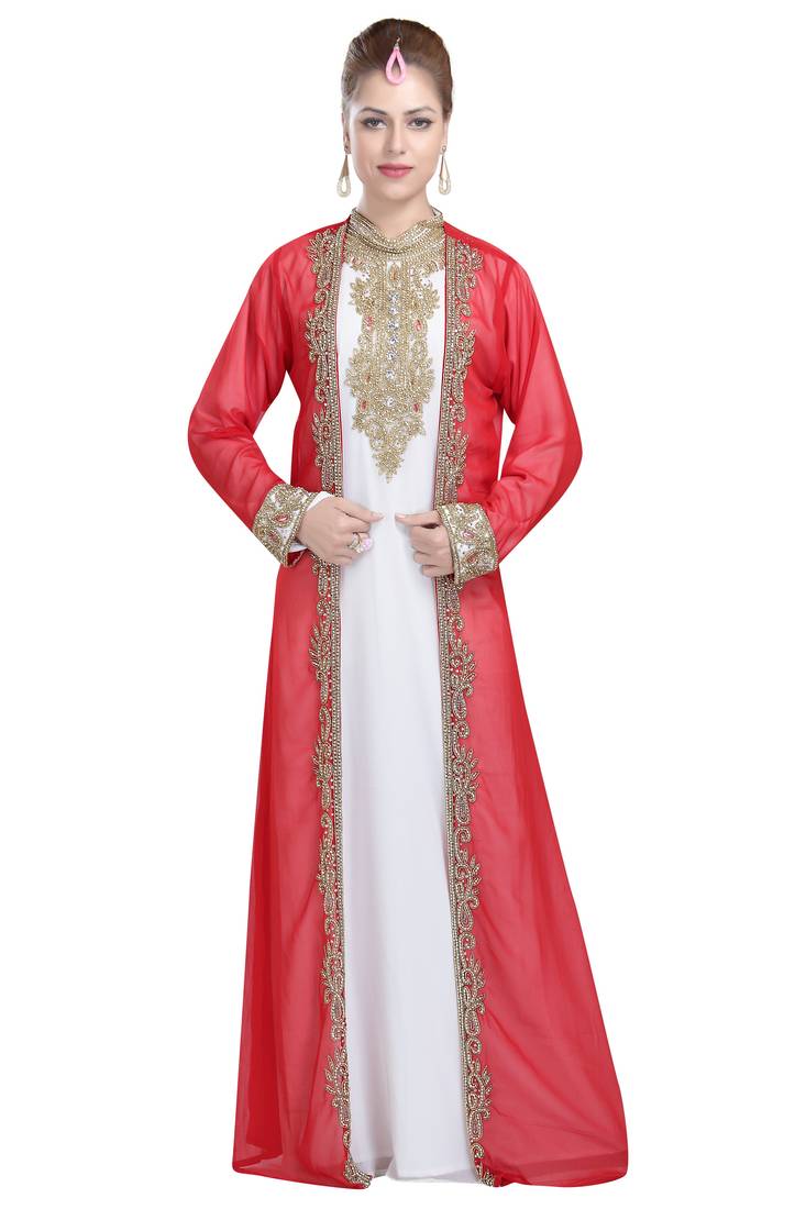 white and red georgette islamic kaftan with zari and stone work