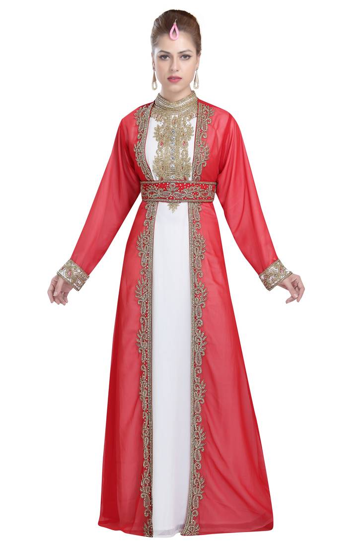 white and red georgette islamic kaftan with zari and stone work