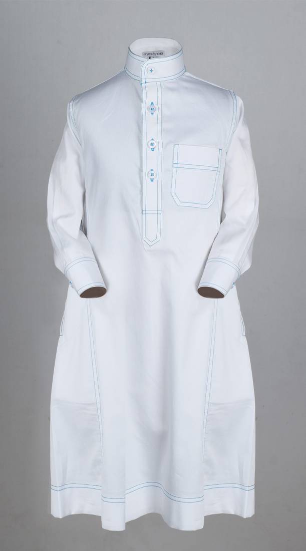 White cotton blue anchored simple saudi kids thobe
