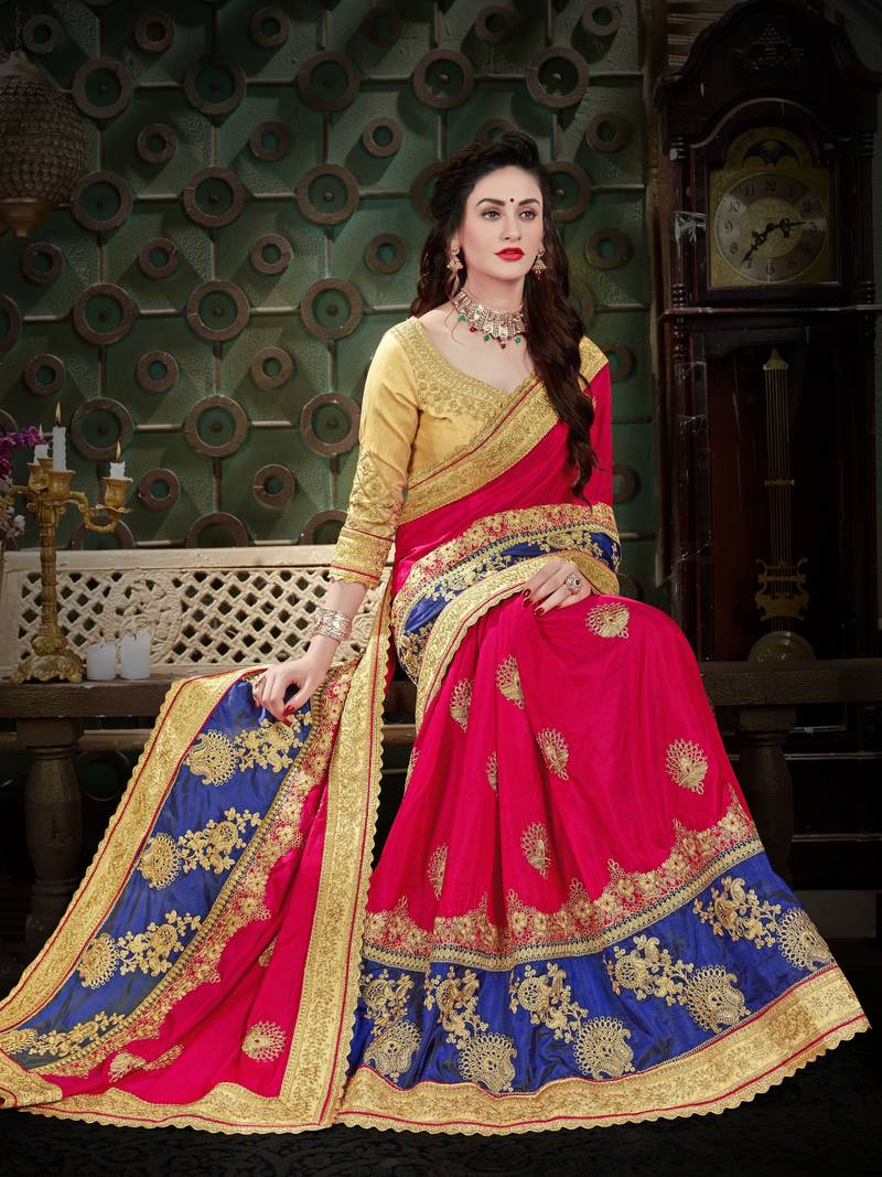 Pink embroidered art silk saree with blouse