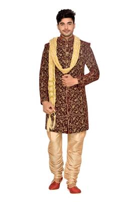 Maroon  Velvet Wedding Sherwani 1