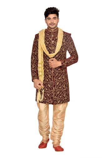Maroon  Velvet Wedding Sherwani