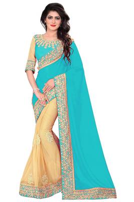 sky_blue embroidered georgette saree with blouse 1