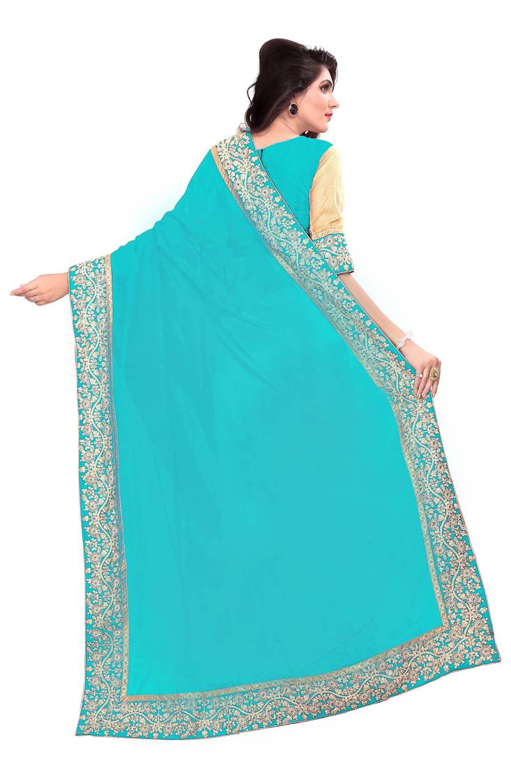 sky_blue embroidered georgette saree with blouse
