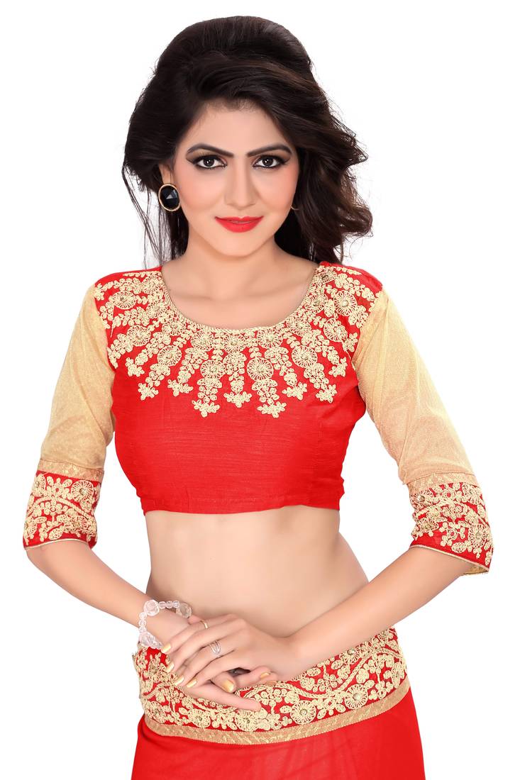 Red embroidered georgette saree with blouse