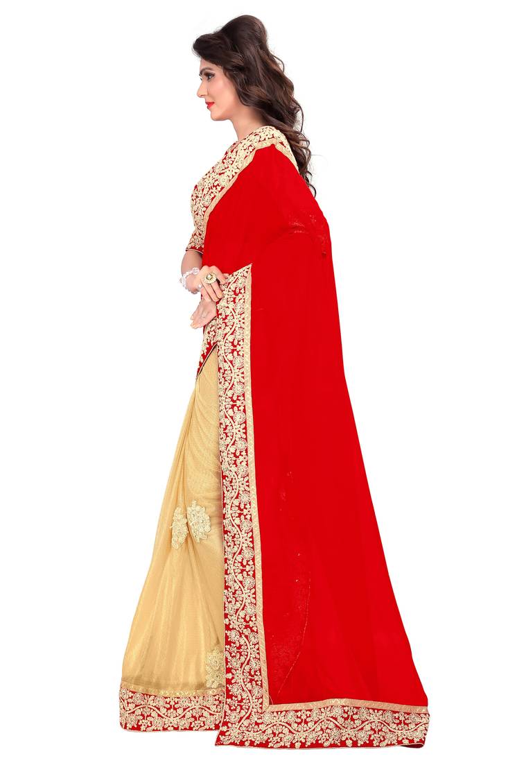 Red embroidered georgette saree with blouse